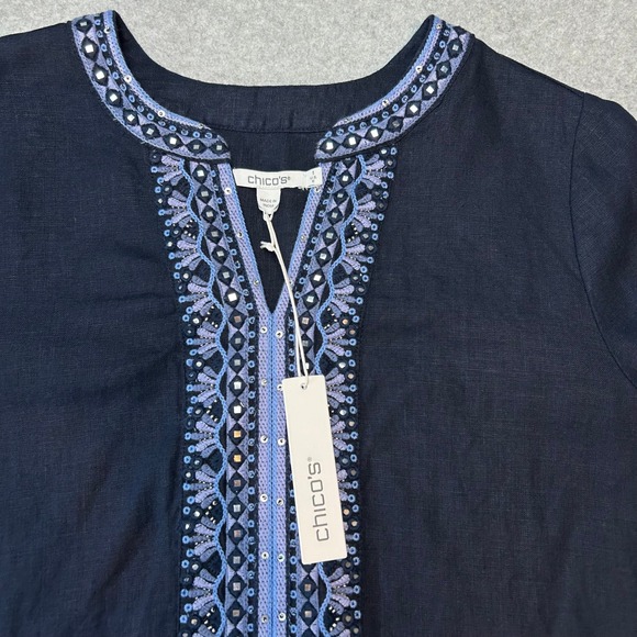 Chicos Linen Tunic Dress Navy Blue Beaded Embroidered 3/4 Sleeve Size 1 US 8 NWT - Picture 2 of 15
